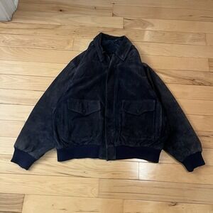VTG Copper Key Large Blue Genuine Suede Full Zip Lined Bomber Jacket Midnight
